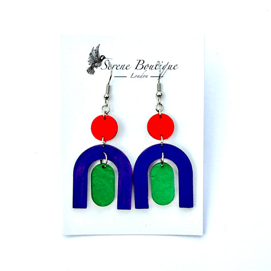 Serene Boutique Geometric Earrings – Red Green Blue Hand-Painted Wood, Varnish finish & 925 Sterling Silver Hooks