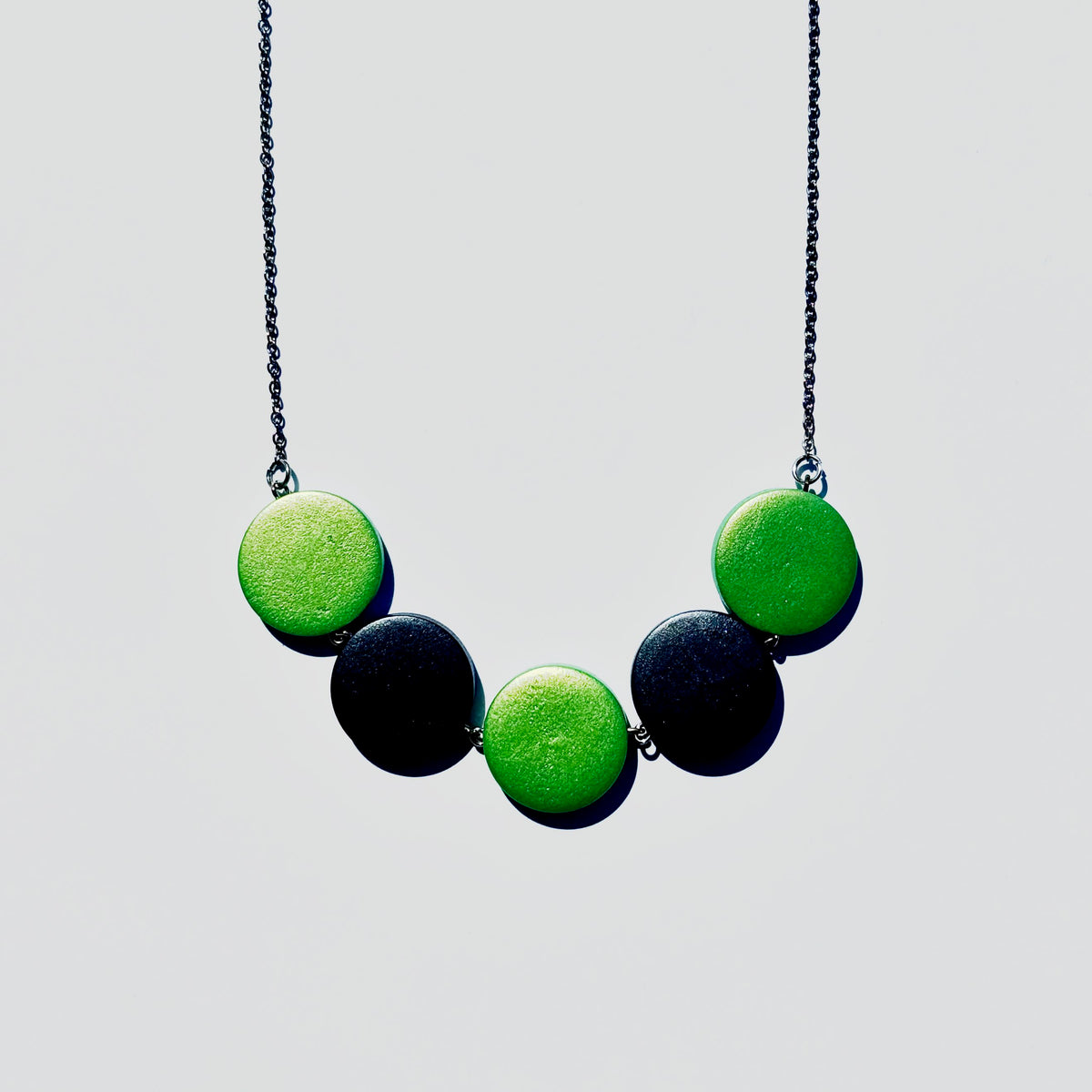Lime & Black Wooden Disc Necklace (Sterling Silver, Adjustable Length)