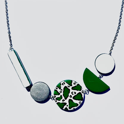 Twist ‘N’ Go Green White Hand-Painted Transforming Wooden Necklace – Multi-Shape Statement Piece