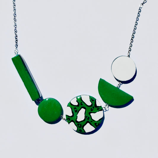 Twist ‘N’ Go Green White Hand-Painted Transforming Wooden Necklace – Multi-Shape Statement Piece