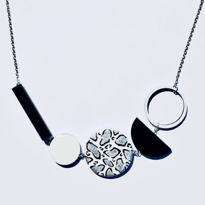 Twist ‘N’ Go Black White Hand-Painted Transforming Wooden Necklace – Multi-Shape Statement Piece