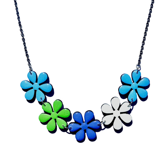 Mixed Colour Blues Retro Flower Necklace – Hand-Painted & Resin Finished