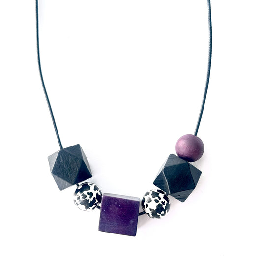 Bold Geometry Bead Necklace – Hand-Painted Chunky Statement on Adjustable Leather Cord