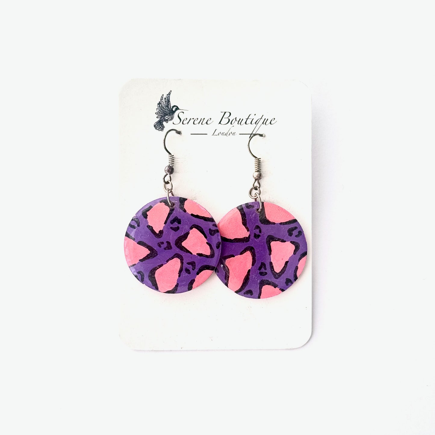 Hand-Painted Wooden Disc Earrings – Pink Purple Medium Statement Drops
