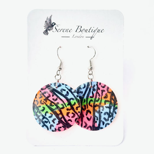 Hand-Painted Wooden Disc Earrings – Rainbow Animal Medium Statement Drops