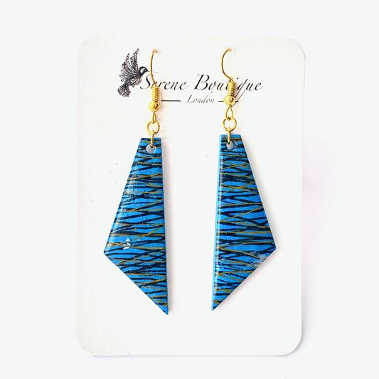 Hand-Painted Geometric Wooden Drop Earrings – Blue Abstract Angular Statement Design