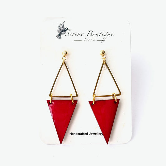 Hand-Painted Geometric Drop Earrings with Handcrafted Metal Frame – Red Gold