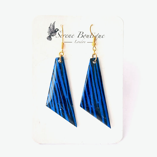 Hand-Painted Geometric Wooden Drop Earrings – Blue Zebra Sleek Angular Stripes