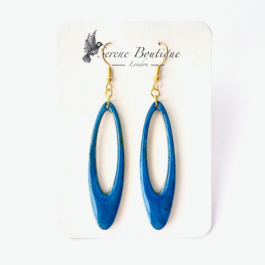 Hand-Painted Open Oval Wooden Drop Earrings – Deep Blue Minimalist Statement Hoops