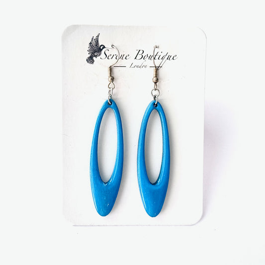 Hand-Painted Open Oval Wooden Drop Earrings – Aqua Blue Minimalist Statement Hoops