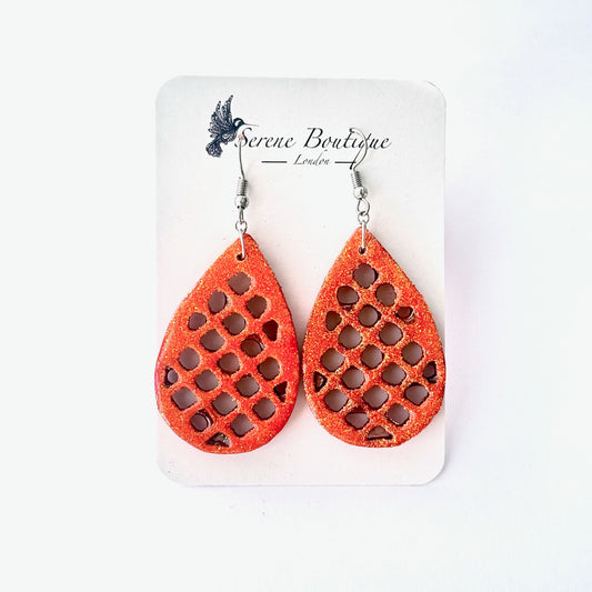 Sample - Hand-Painted Wooden Teardrop Cut-Out Earrings – Orange Textured Statement Drops