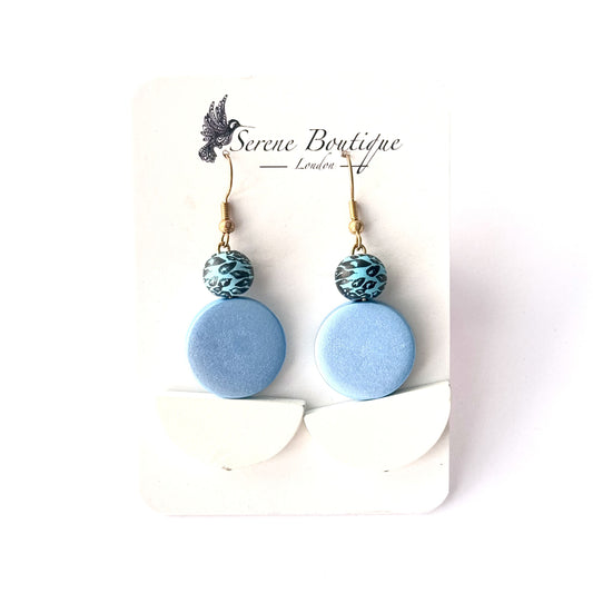 Hand-Painted Wooden Bean Drop Earrings – Sky Blue Geometric Design | Medium Statement Drops