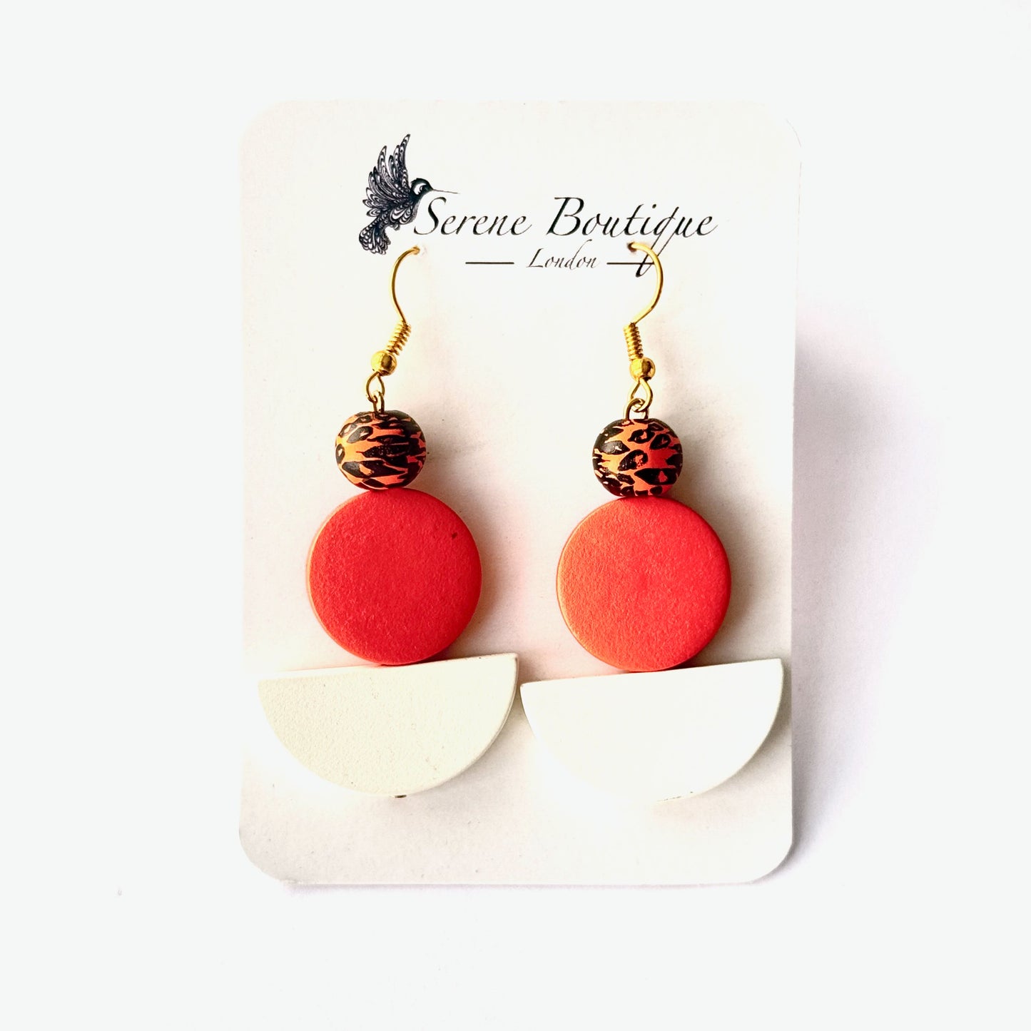 Hand-Painted Wooden Bean Drop Earrings – Red Geometric Design | Medium Statement Drops