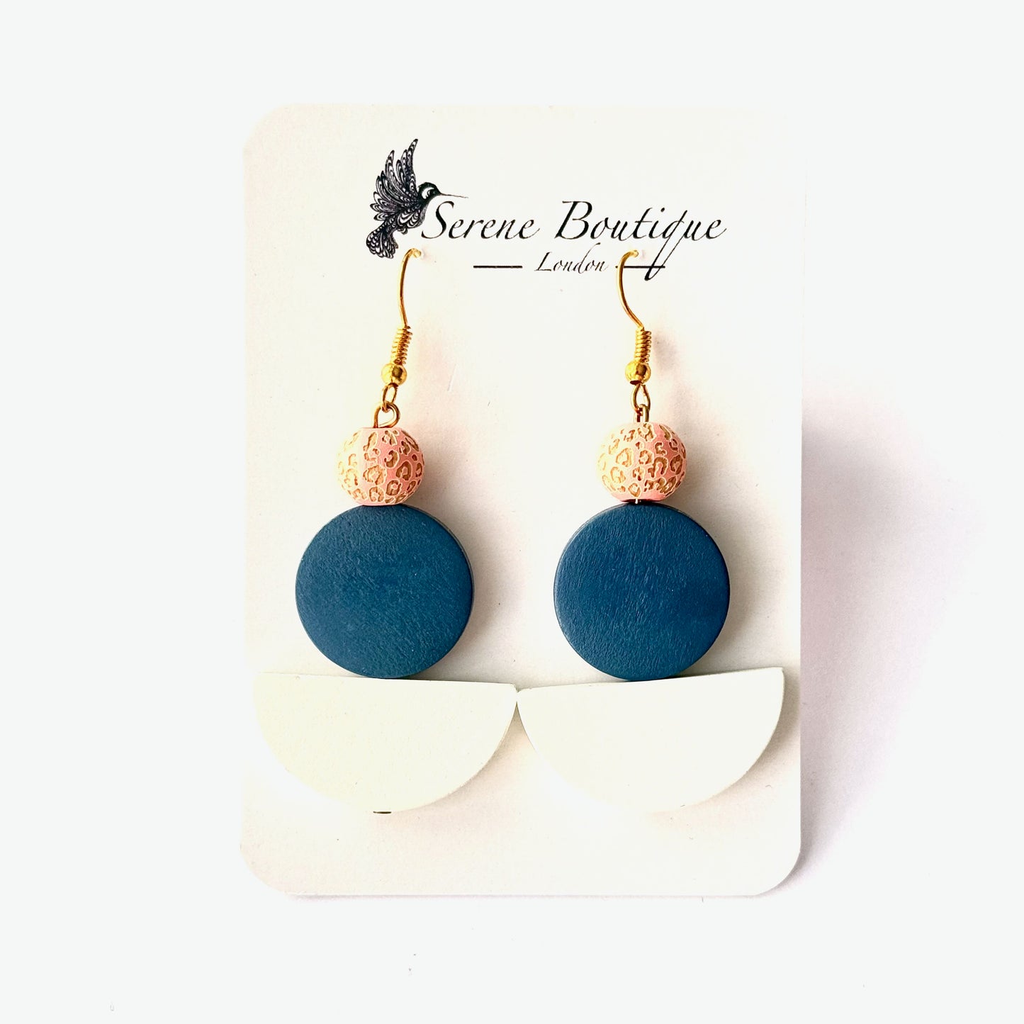 Hand-Painted Wooden Bean Drop Earrings – Navy Geometric Design | Medium Statement Drops