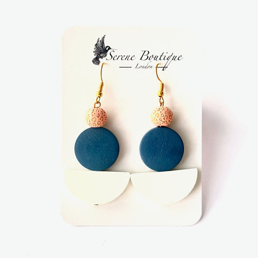 Hand-Painted Wooden Bean Drop Earrings – Navy Geometric Design | Medium Statement Drops