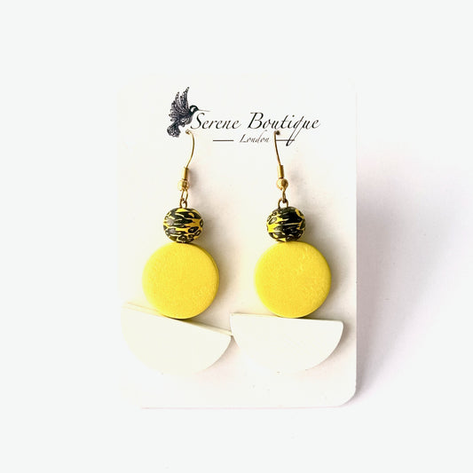 Hand-Painted Wooden Bean Drop Earrings – Yellow Geometric Design | Medium Statement Drops