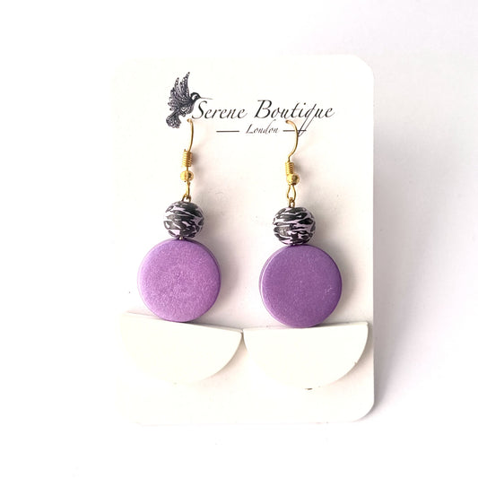 Hand-Painted Wooden Bean Drop Earrings – Purple Geometric Design | Medium Statement Drops