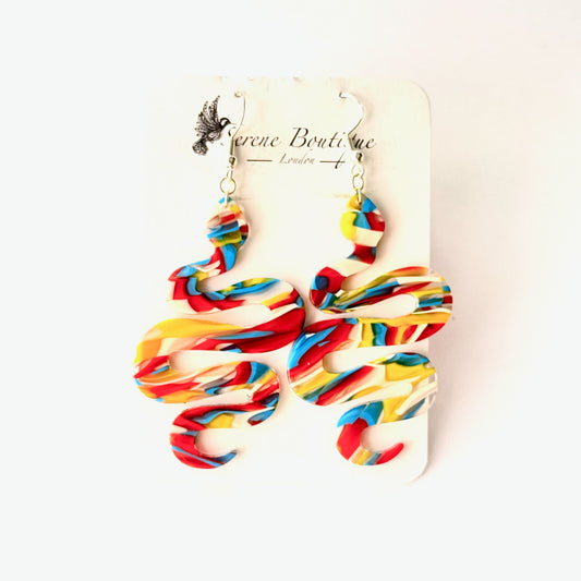 Bold Acrylic Snake Statement Earrings – Multicolour Marble Effect | Large Drop Design