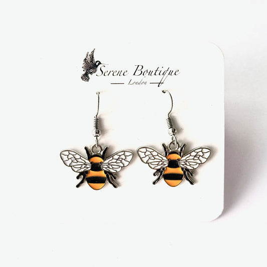 Enamel Bee Drop Earrings – Handcrafted Metal Alloy | Sterling Silver Hooks