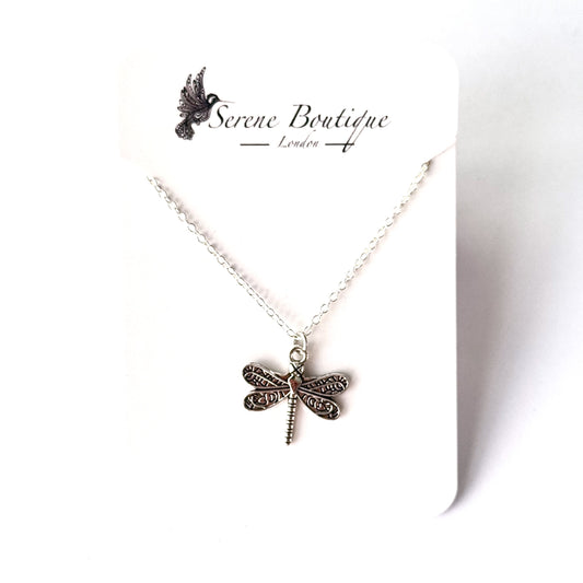 Dragonfly Pendant Necklace – Detailed Metal Charm | Sterling Silver Chain