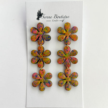 Luxury Handpainted Triple Flower Drop Earrings – Multicolour Abstract Floral Statement Earrings – Sterling Silver or Gold Plated Sterling Silver Hooks