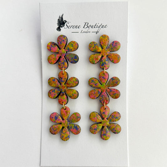 Luxury Handpainted Triple Flower Drop Earrings – Multicolour Abstract Floral Statement Earrings – Sterling Silver or Gold Plated Sterling Silver Hooks