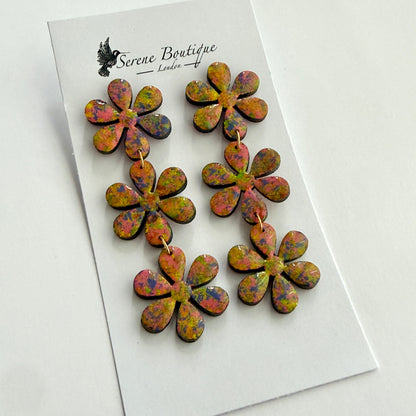 Luxury Handpainted Triple Flower Drop Earrings – Multicolour Abstract Floral Statement Earrings – Sterling Silver or Gold Plated Sterling Silver Hooks