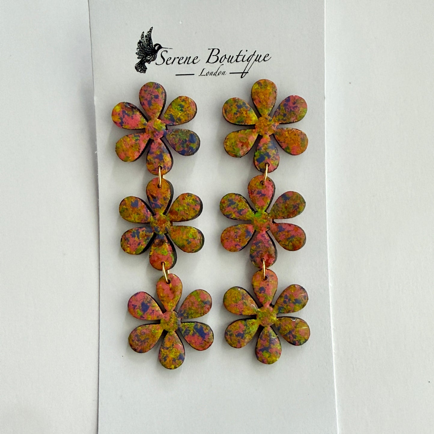 Luxury Handpainted Triple Flower Drop Earrings – Multicolour Abstract Floral Statement Earrings – Sterling Silver or Gold Plated Sterling Silver Hooks
