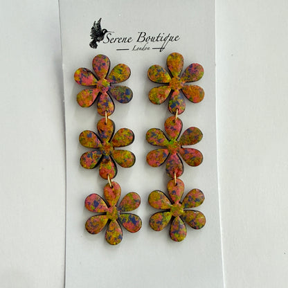 Luxury Handpainted Triple Flower Drop Earrings – Multicolour Abstract Floral Statement Earrings – Sterling Silver or Gold Plated Sterling Silver Hooks