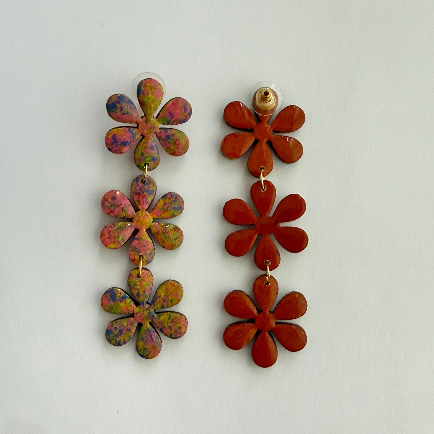 Luxury Handpainted Triple Flower Drop Earrings – Multicolour Abstract Floral Statement Earrings – Sterling Silver or Gold Plated Sterling Silver Hooks