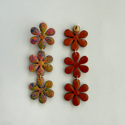 Luxury Handpainted Triple Flower Drop Earrings – Multicolour Abstract Floral Statement Earrings – Sterling Silver or Gold Plated Sterling Silver Hooks