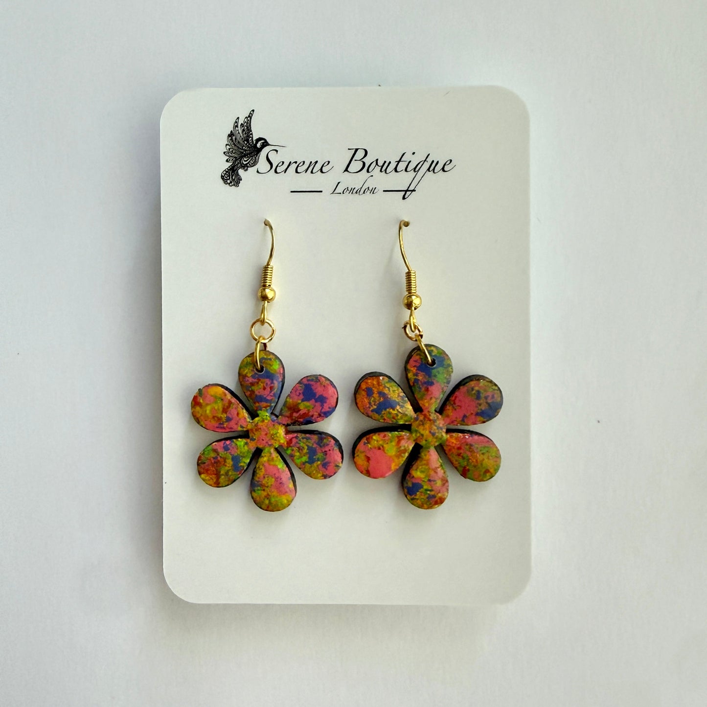 Handpainted Floral Wooden Drop Earrings – Pink & Multicolour Abstract Daisy Design – Gold Plated Sterling Silver Hooks