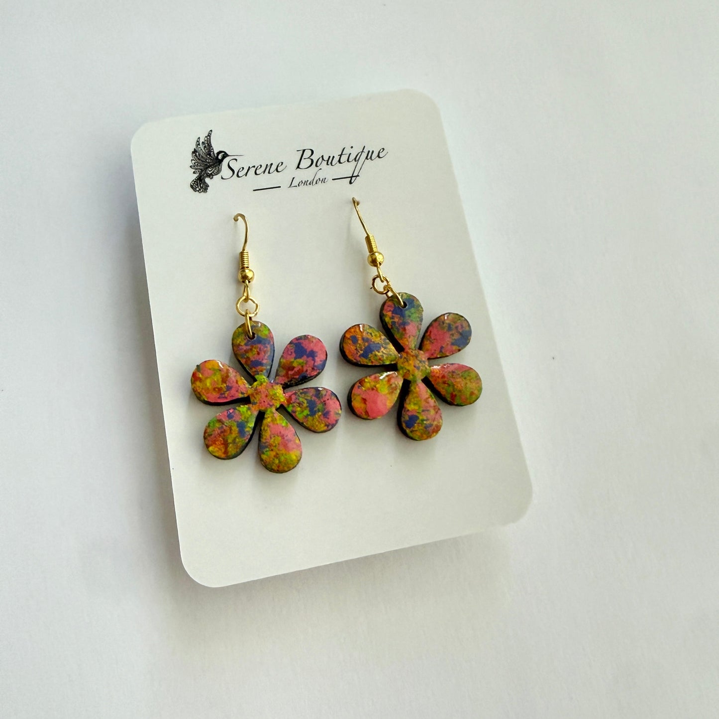 Handpainted Floral Wooden Drop Earrings – Pink & Multicolour Abstract Daisy Design – Gold Plated Sterling Silver Hooks
