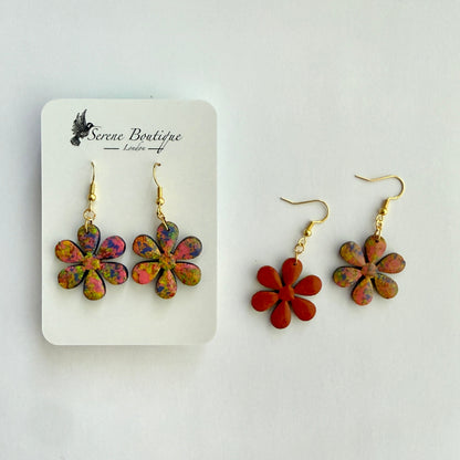 Handpainted Floral Wooden Drop Earrings – Pink & Multicolour Abstract Daisy Design – Gold Plated Sterling Silver Hooks