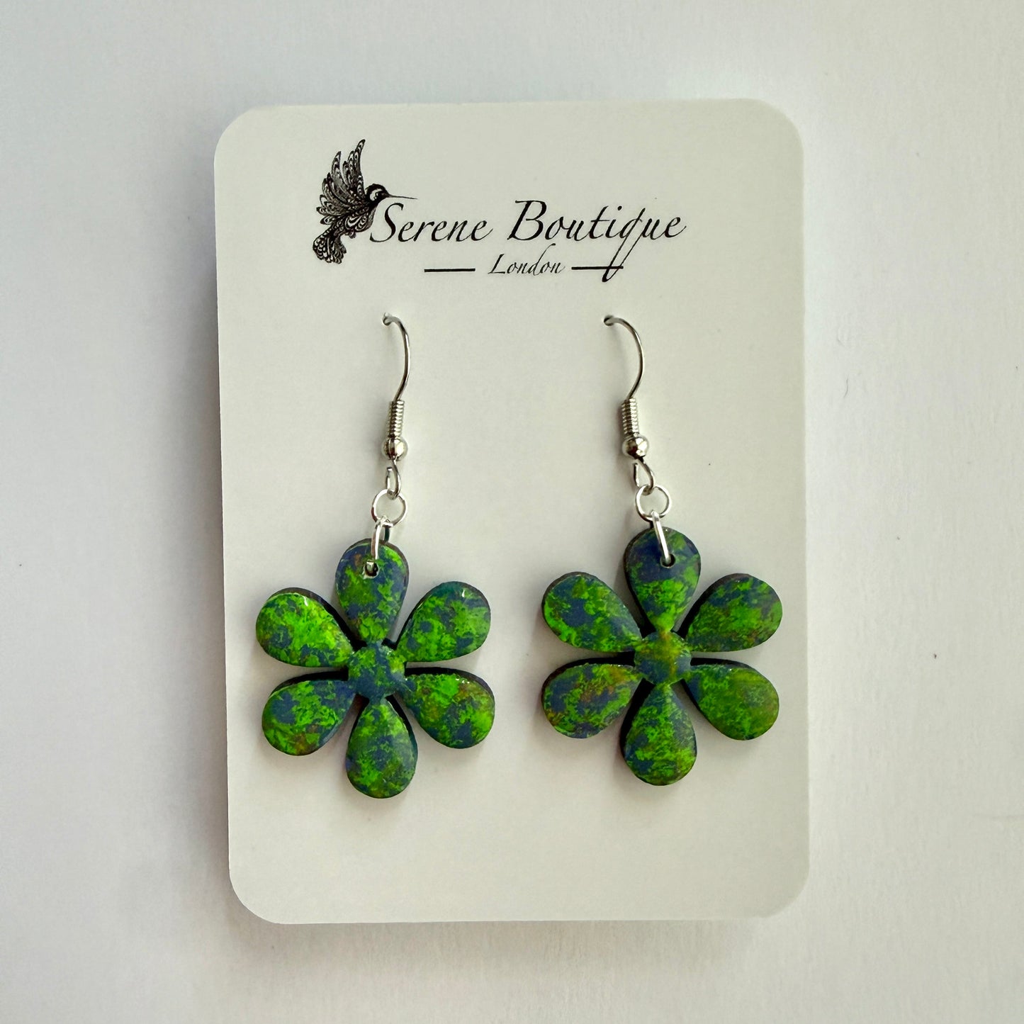 Handpainted Floral Wooden Drop Earrings – Green & Blue Abstract Daisy Design – Sterling Silver Hooks