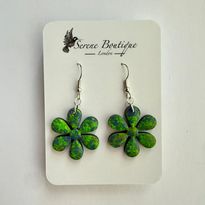 Handpainted Floral Wooden Drop Earrings – Green & Blue Abstract Daisy Design – Sterling Silver Hooks