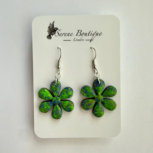 Handpainted Floral Wooden Drop Earrings – Green & Blue Abstract Daisy Design – Sterling Silver Hooks