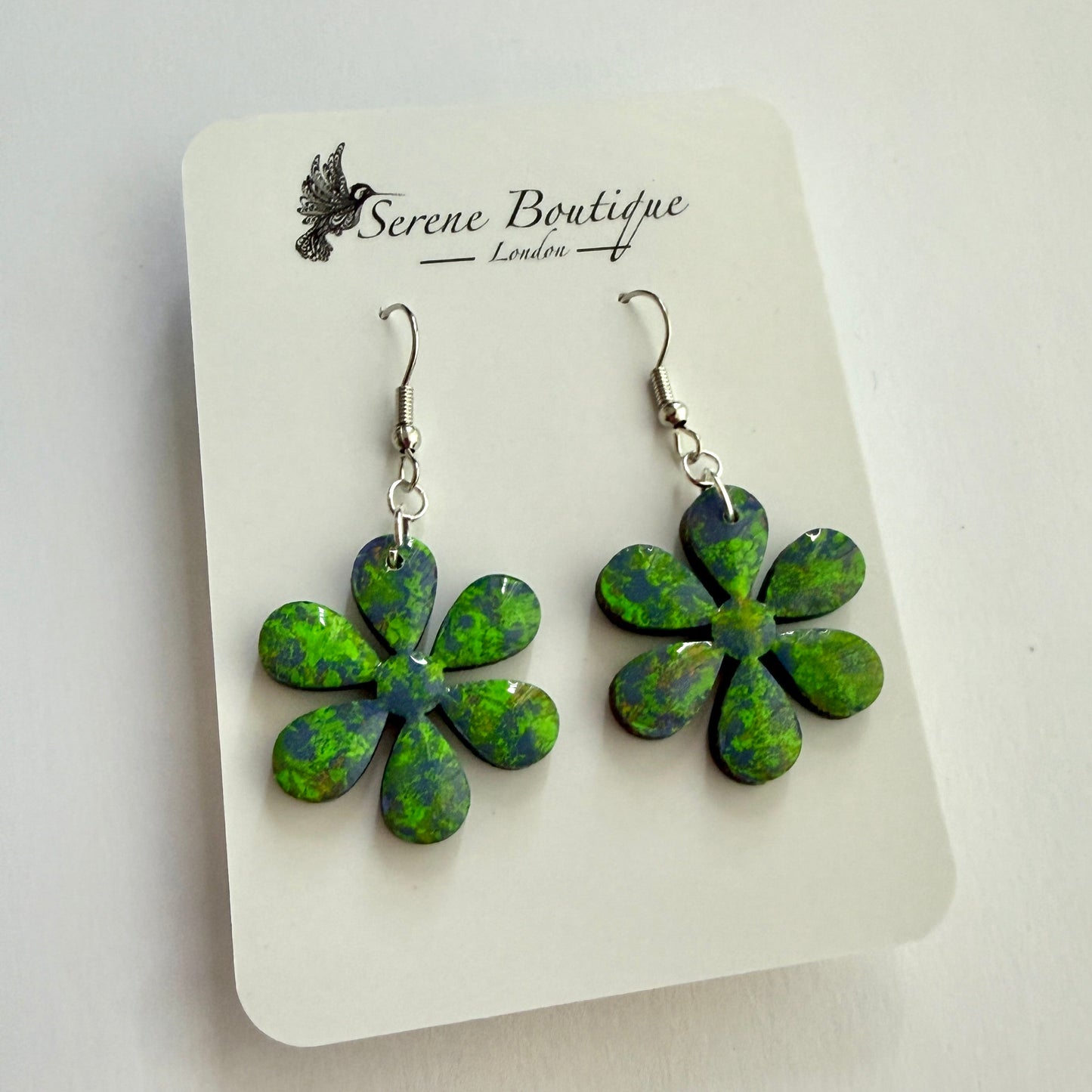 Handpainted Floral Wooden Drop Earrings – Green & Blue Abstract Daisy Design – Sterling Silver Hooks