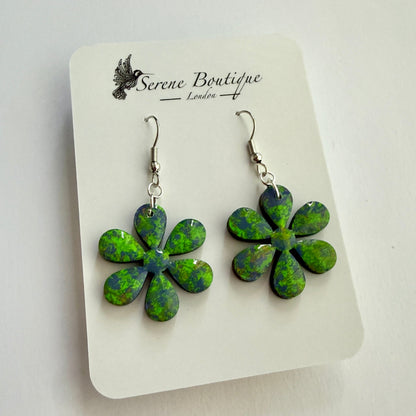 Handpainted Floral Wooden Drop Earrings – Green & Blue Abstract Daisy Design – Sterling Silver Hooks