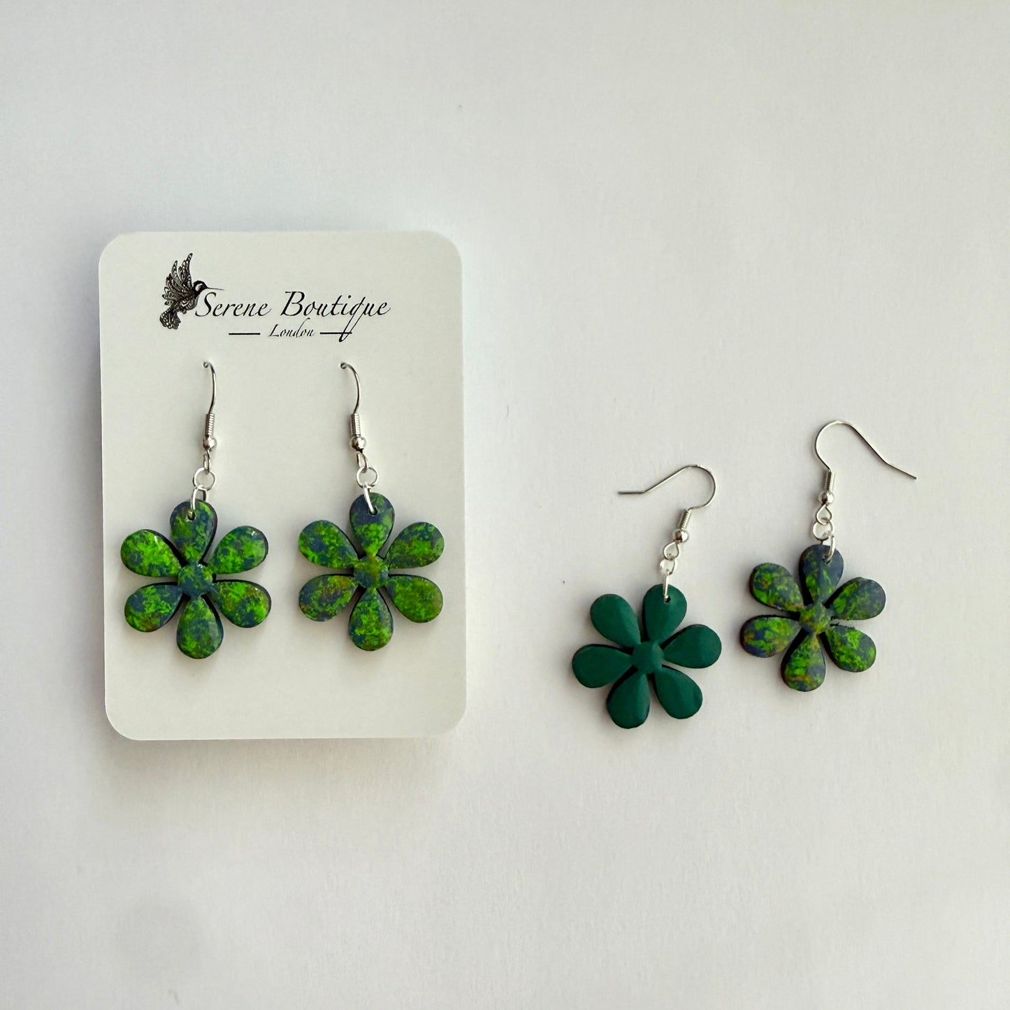 Handpainted Floral Wooden Drop Earrings – Green & Blue Abstract Daisy Design – Sterling Silver Hooks
