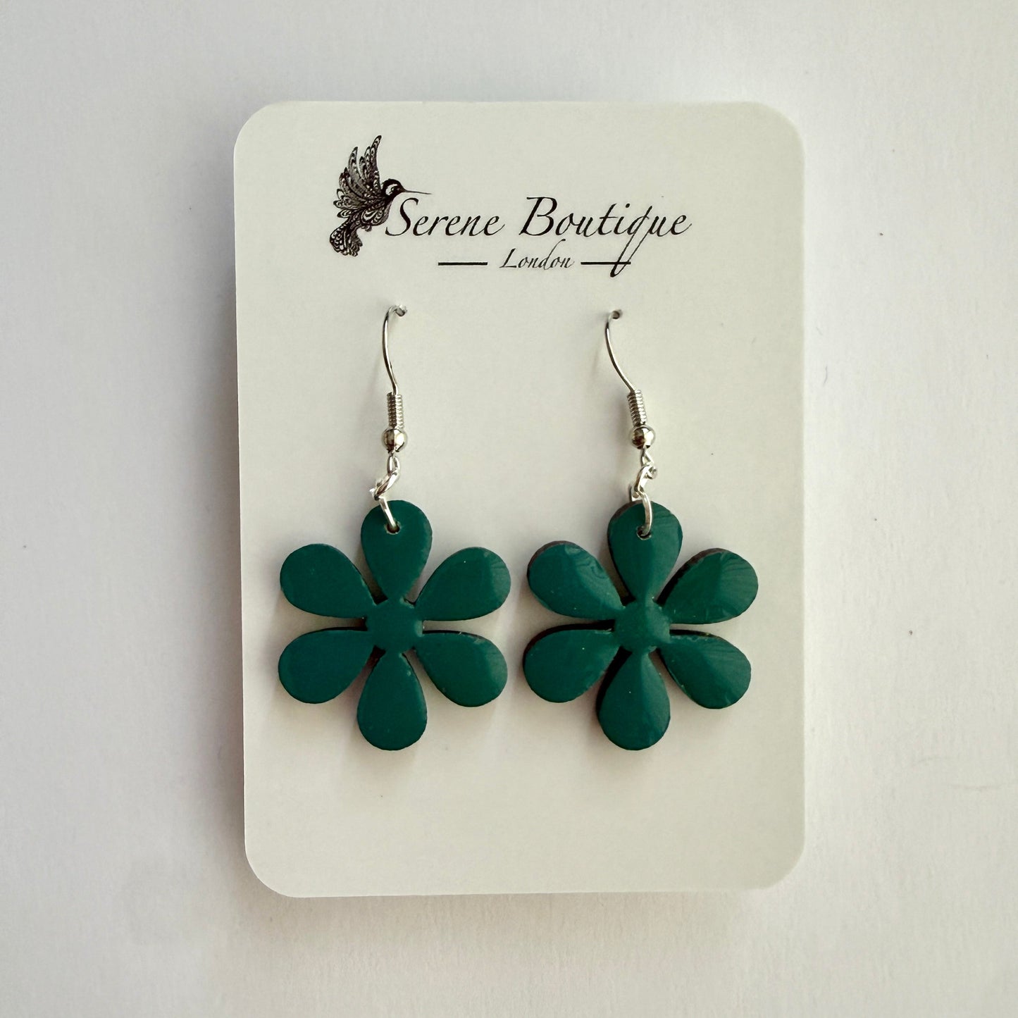 Handpainted Floral Wooden Drop Earrings – Green & Blue Abstract Daisy Design – Sterling Silver Hooks