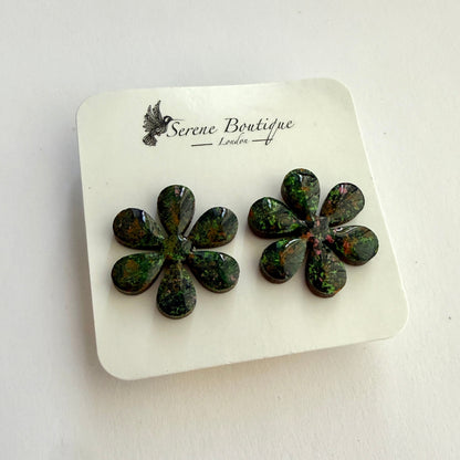 Handpainted Floral Stud Earrings – Woodland Bloom Wooden Flower Studs – Sterling Silver Posts
