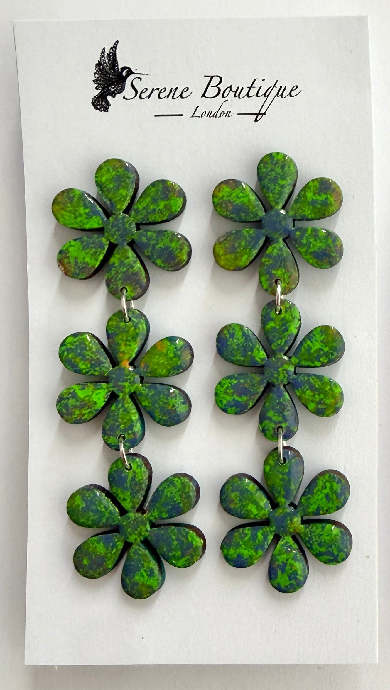 Luxury Handpainted Triple Flower Drop Earrings – Green Abstract Floral Statement Earrings – Sterling Silver or Gold Plated Sterling Silver Hooks