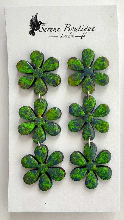 Luxury Handpainted Triple Flower Drop Earrings – Green Abstract Floral Statement Earrings – Sterling Silver or Gold Plated Sterling Silver Hooks