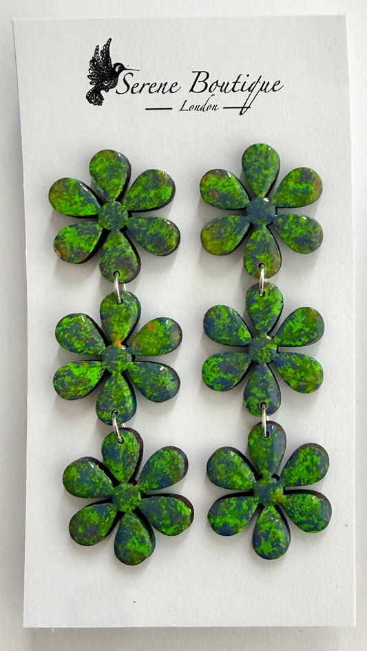 Luxury Handpainted Triple Flower Drop Earrings – Green Abstract Floral Statement Earrings – Sterling Silver or Gold Plated Sterling Silver Hooks