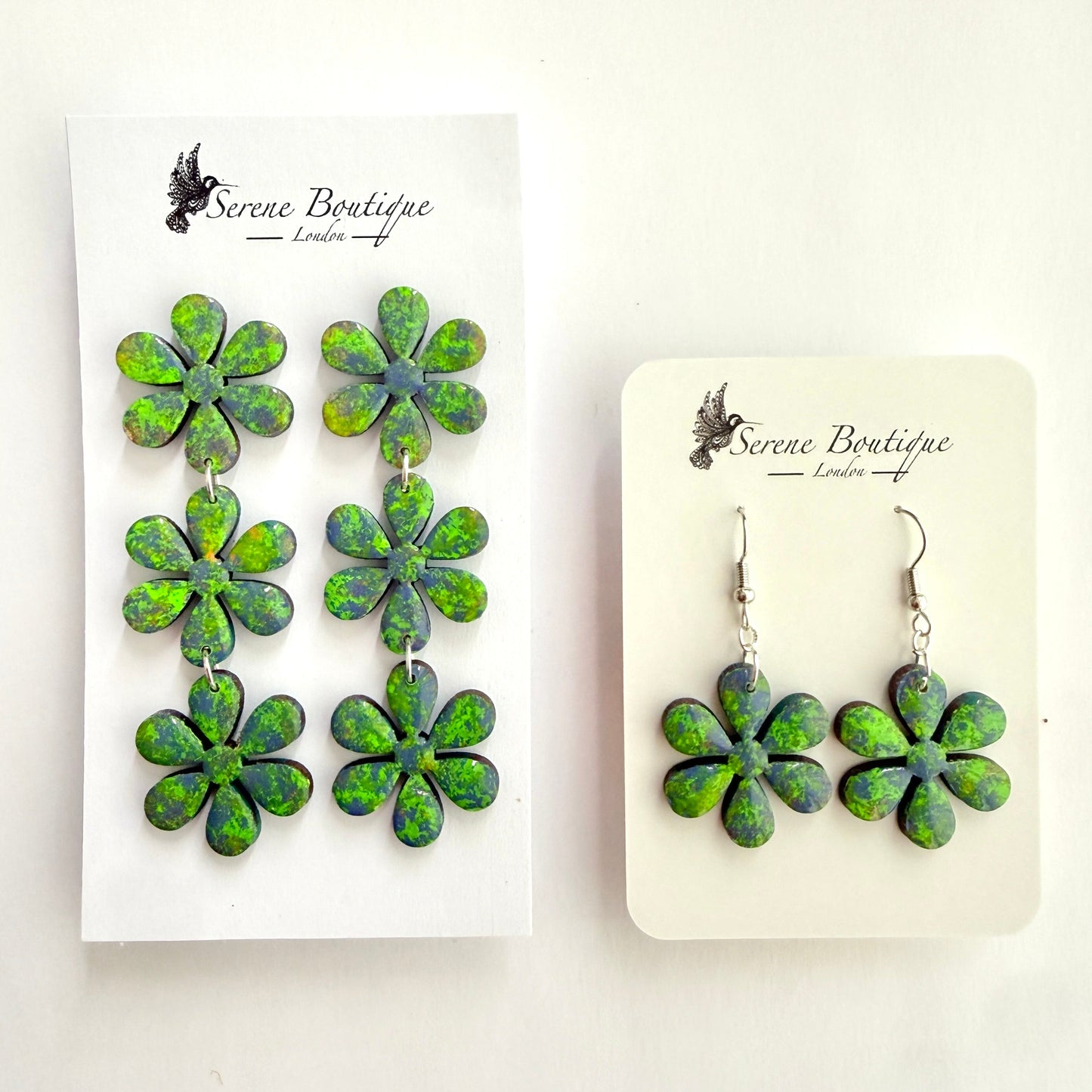 Luxury Handpainted Triple Flower Drop Earrings – Green Abstract Floral Statement Earrings – Sterling Silver or Gold Plated Sterling Silver Hooks