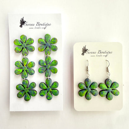 Luxury Handpainted Triple Flower Drop Earrings – Green Abstract Floral Statement Earrings – Sterling Silver or Gold Plated Sterling Silver Hooks