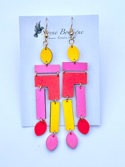 Serene Boutique Geometric Asymmetrical Fun Earrings – Hand-Painted Wood, Varnish finish & 925 Sterling Silver Hooks