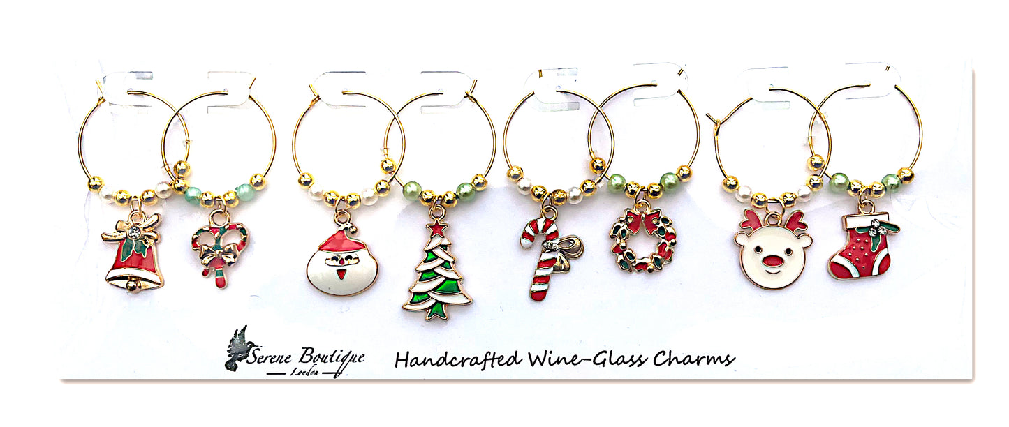 Serene Boutique Handcrafted Christmas Wine-Glass Charms – Set of 8 Festive Enamel Markers