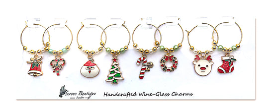 Serene Boutique Handcrafted Christmas Wine-Glass Charms – Set of 8 Festive Enamel Markers